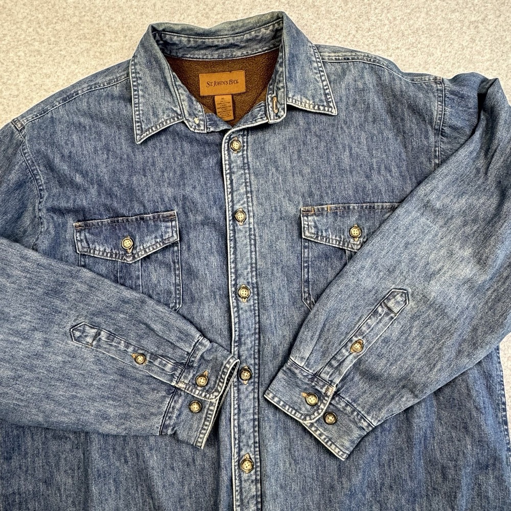 VTG St Johns Bay Denim Fleece Lined Shirt Jacket Mens XL Stonewashed Shacket EUC